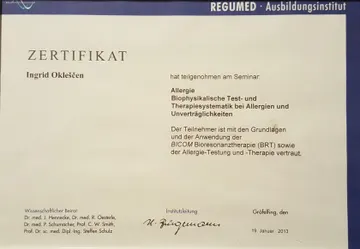 Certifikat za biofizikalno testiranje in terapijo alergij