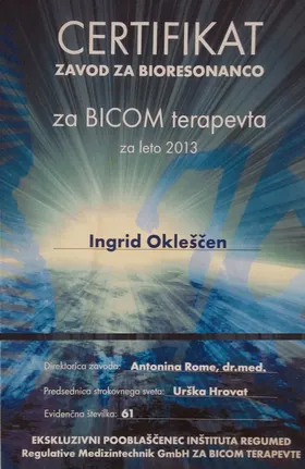 Certifikat za BICOM terapevta za leto 2013