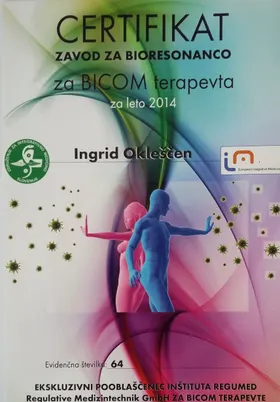 Certifikat za BICOM terapevta za leto 2014