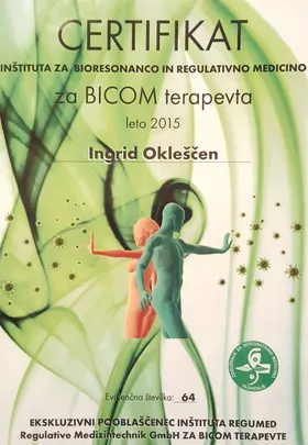 Certifikat za BICOM terapevta za leto 2015