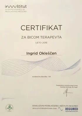 Certifikat za BICOM terapevta za leto 2016