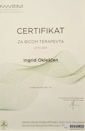 Certifikat za BICOM terapevta za leto 2017