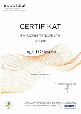 Certifikat za BICOM terapevta za leto 2018