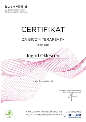Certifikat za BICOM terapevta za leto 2019