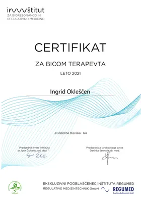 Certifikat za BICOM terapevta za leto 2021