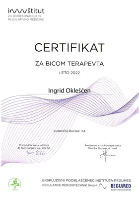 Certifikat za BICOM terapevta za leto 2022