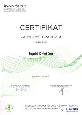 Certifikat za BICOM terapevta za leto 2023
