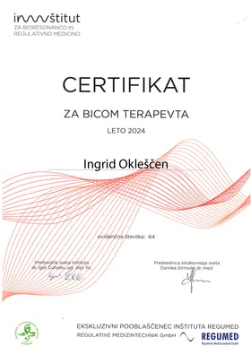 Certifikat za BICOM terapevta za leto 2024