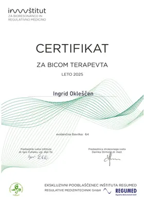 Certifikat za BICOM terapevta za leto 2025