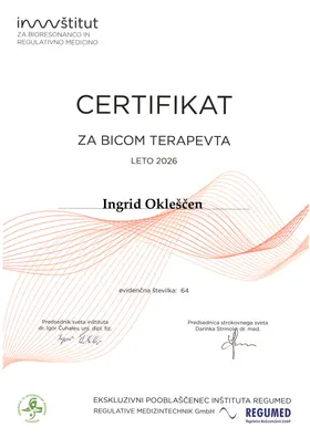 Certifikat za BICOM terapevta za leto 2026