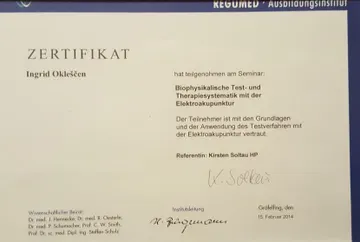 Certifikat za biofizikalno testiranje in terapijo s pomočjo elektroakupunkture