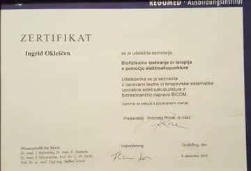 Certifikat za biofizikalno testiranje in terapijo s pomočjo elektroakupunkture